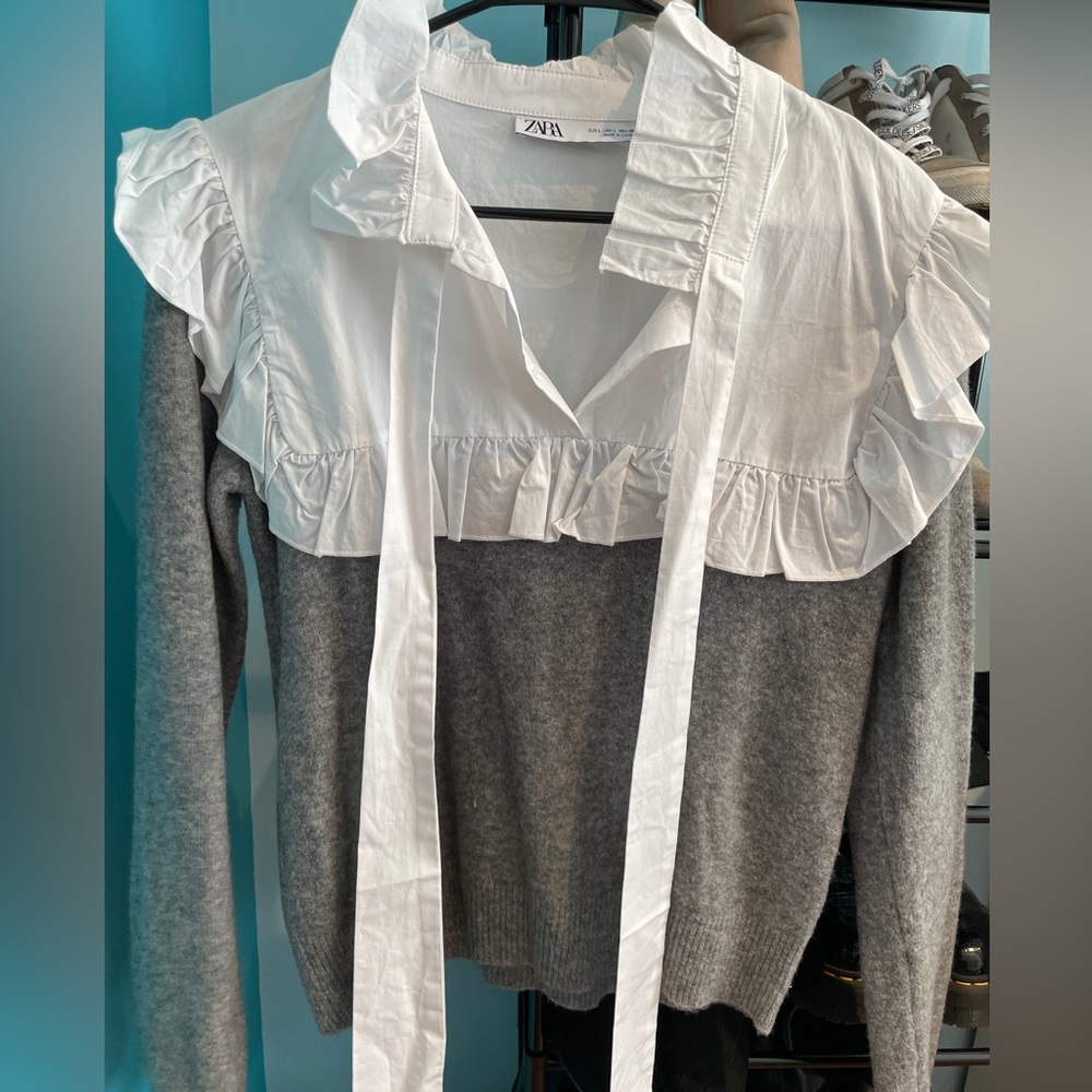 Zara Grey and White Tie Sweater. Size L. Never worn before, $35